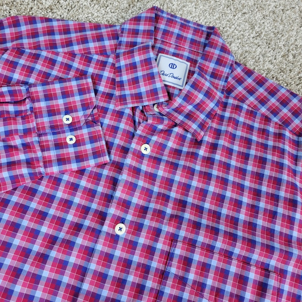 David Donahue Mens Large Red Blue Plaid Button Down Long Sleeve
